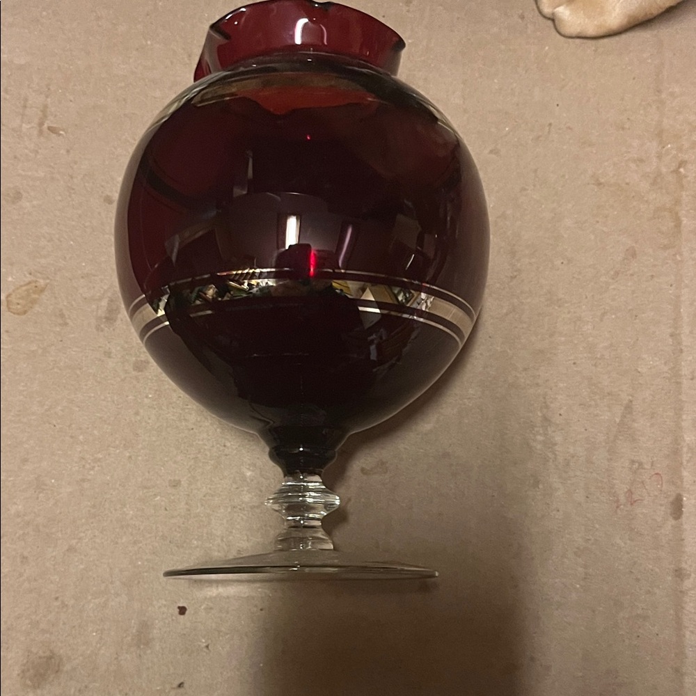 Elegant Red Ruby Glass Vase Silver Overlay detail